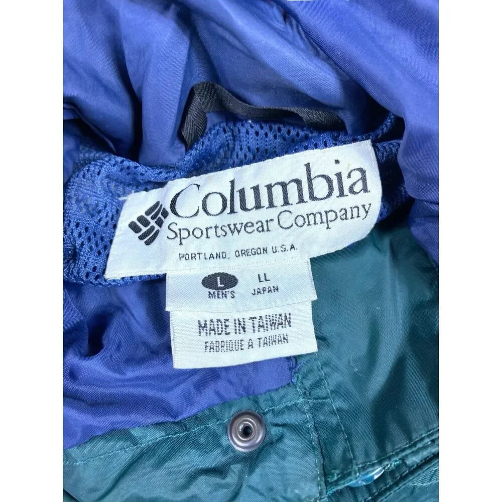 Vintage 90s Columbia Jacket Mens LARGE Green Hooded Waterproof Rain Coat
